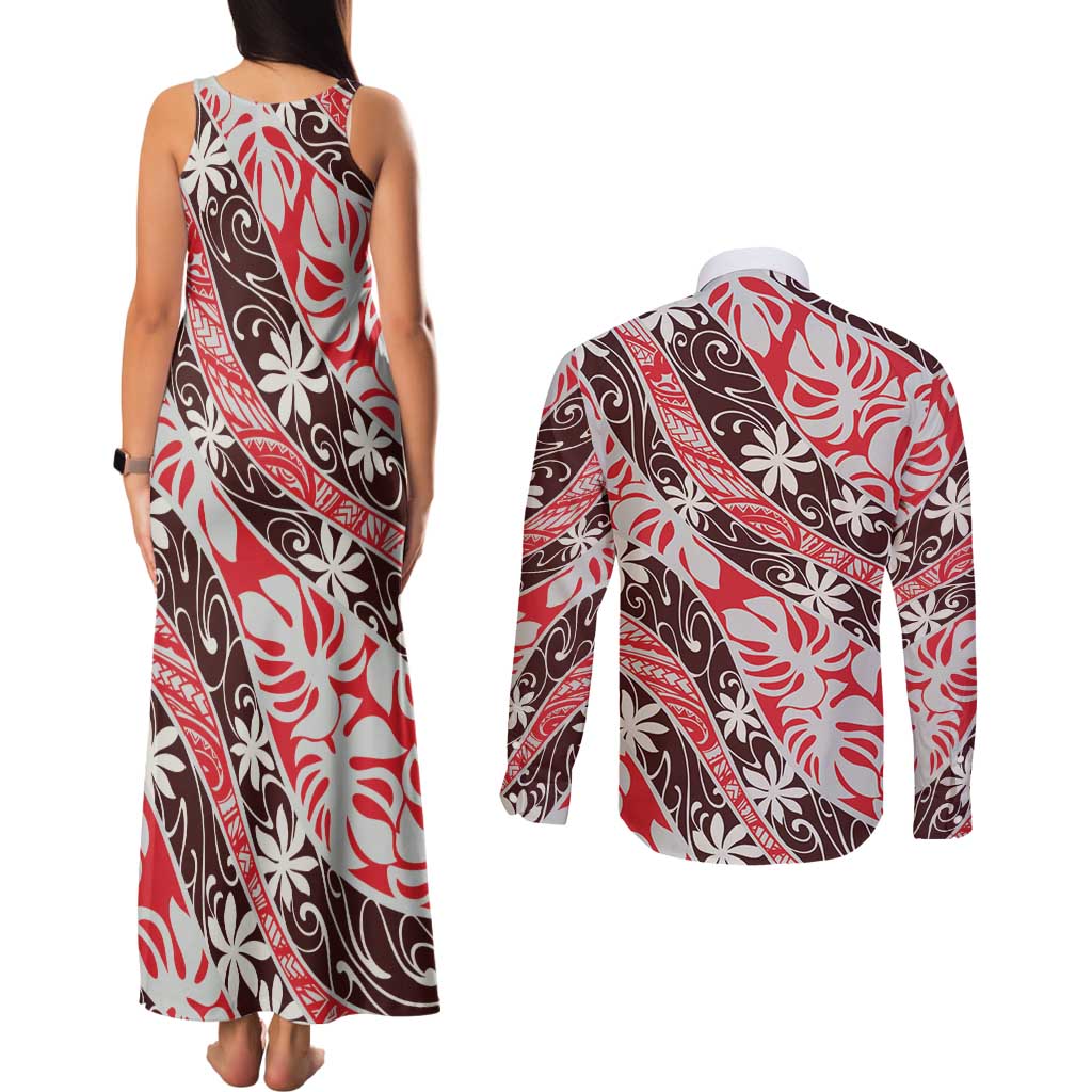 Uteute Tahiti Tiare Monstera Couples Matching Tank Maxi Dress and Long Sleeve Button Shirt Polynesian Pattern Curve Style - Polynesian Pride