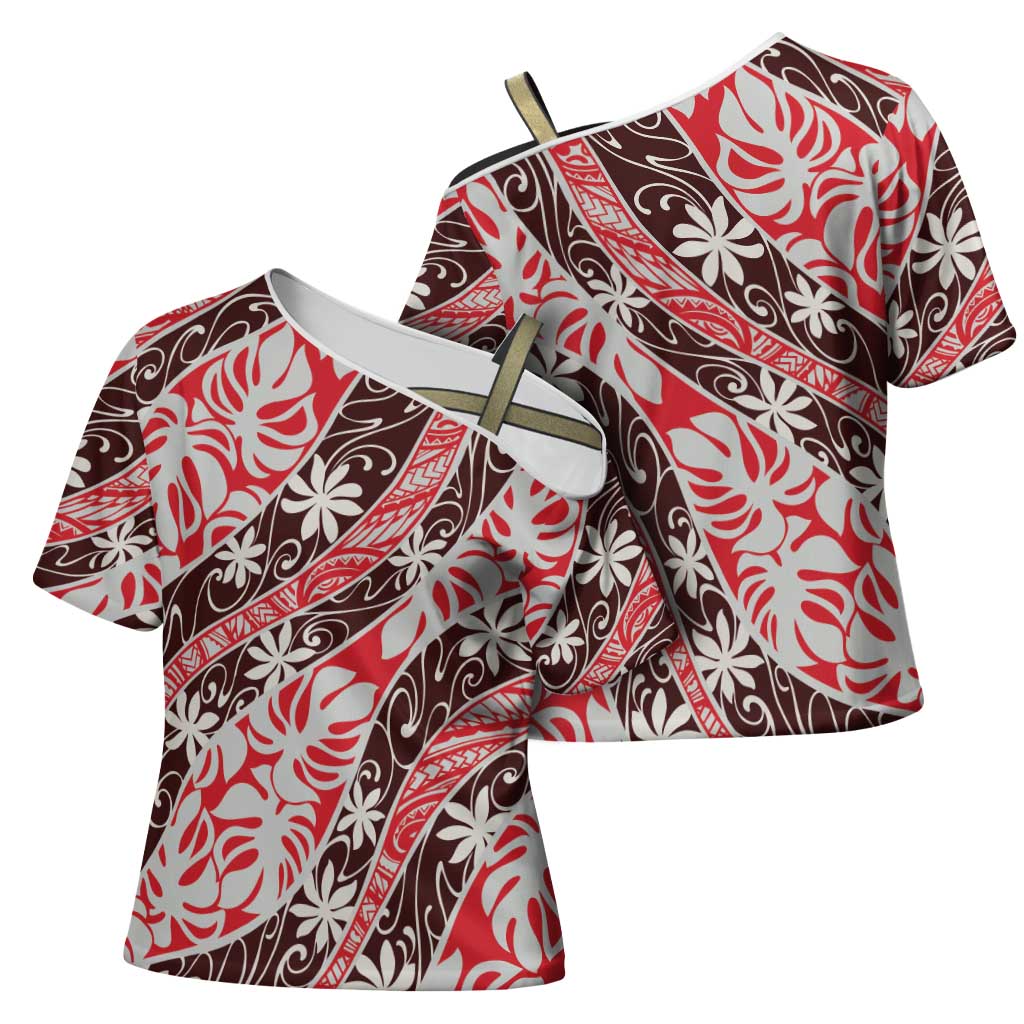 Uteute Tahiti Tiare Monstera Cross Shoulder Shirt Polynesian Pattern Curve Style - Polynesian Pride