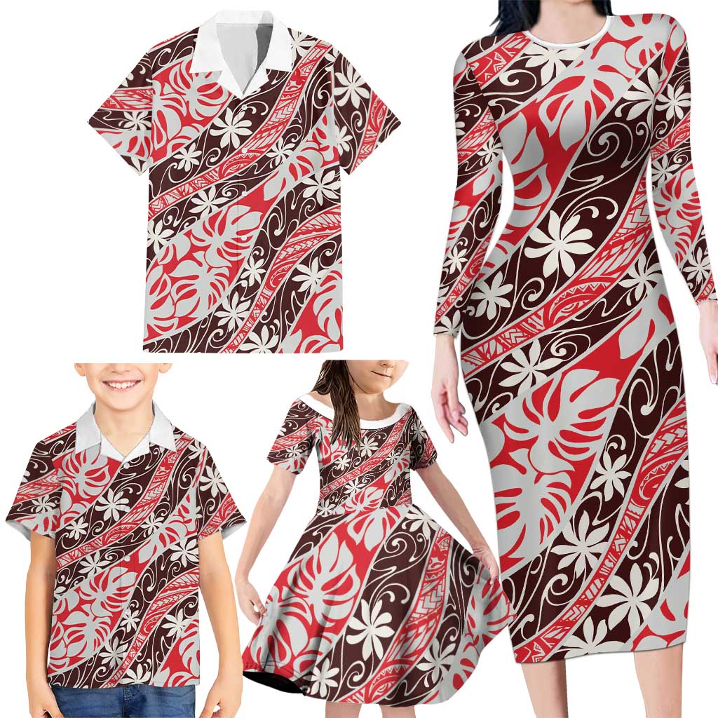 Uteute Tahiti Tiare Monstera Family Matching Long Sleeve Bodycon Dress and Hawaiian Shirt Polynesian Pattern Curve Style LT01 - Polynesian Pride