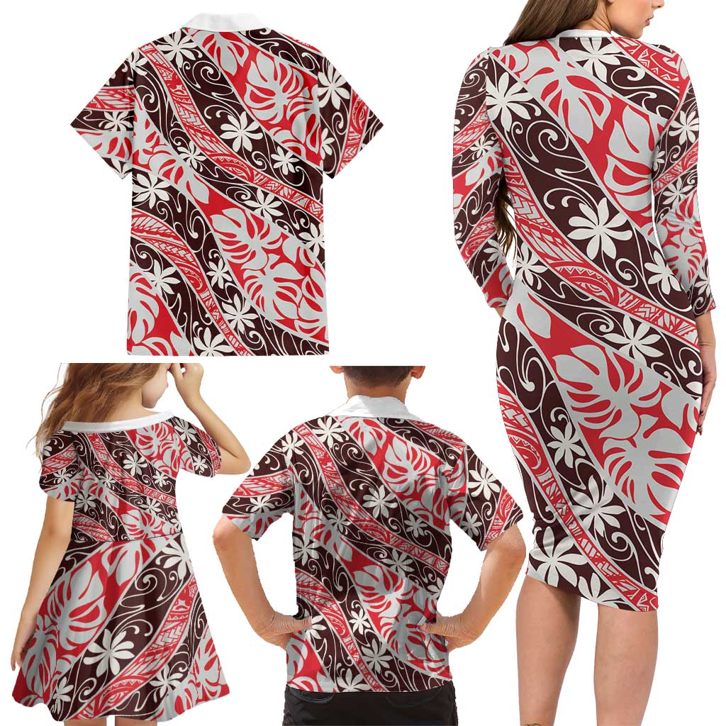 Uteute Tahiti Tiare Monstera Family Matching Long Sleeve Bodycon Dress and Hawaiian Shirt Polynesian Pattern Curve Style LT01 - Polynesian Pride