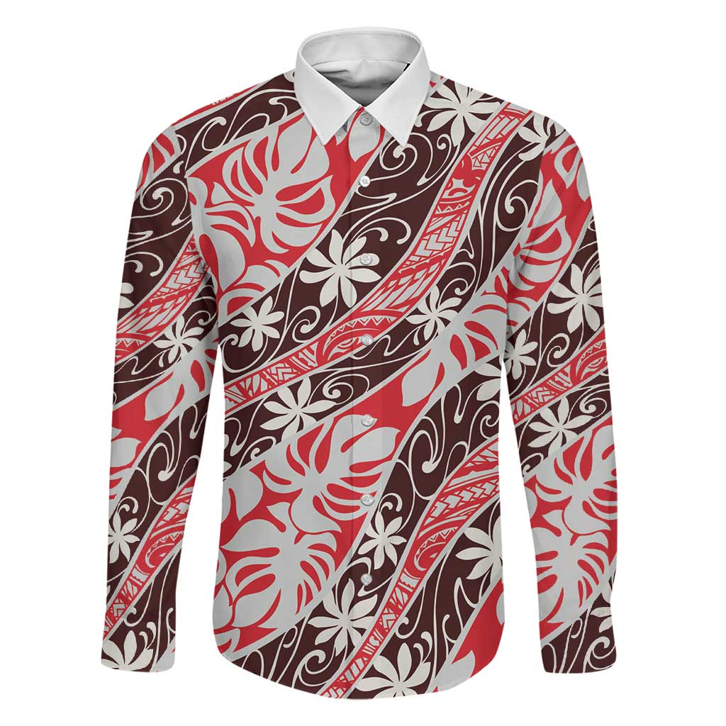 Uteute Tahiti Tiare Monstera Family Matching Long Sleeve Bodycon Dress and Hawaiian Shirt Polynesian Pattern Curve Style LT01 Dad's Shirt - Long Sleeve Red - Polynesian Pride