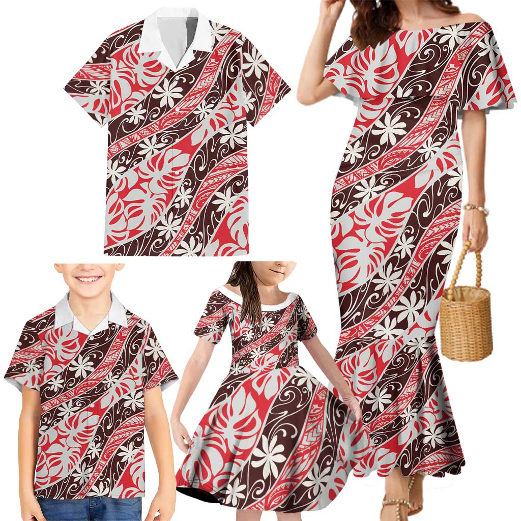 Uteute Tahiti Tiare Monstera Family Matching Mermaid Dress and Hawaiian Shirt Polynesian Pattern Curve Style - Polynesian Pride