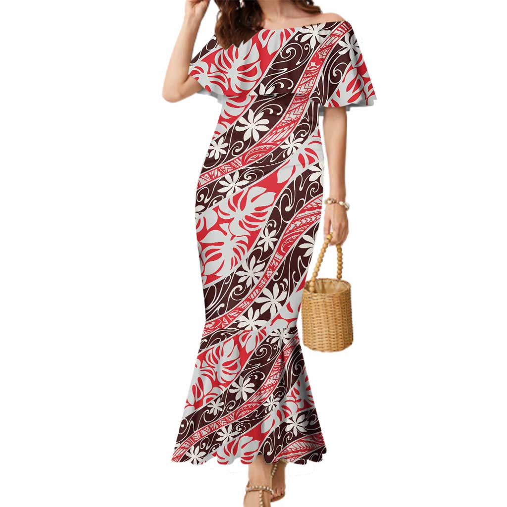 Uteute Tahiti Tiare Monstera Family Matching Mermaid Dress and Hawaiian Shirt Polynesian Pattern Curve Style LT01 Mom's Dress Red - Polynesian Pride