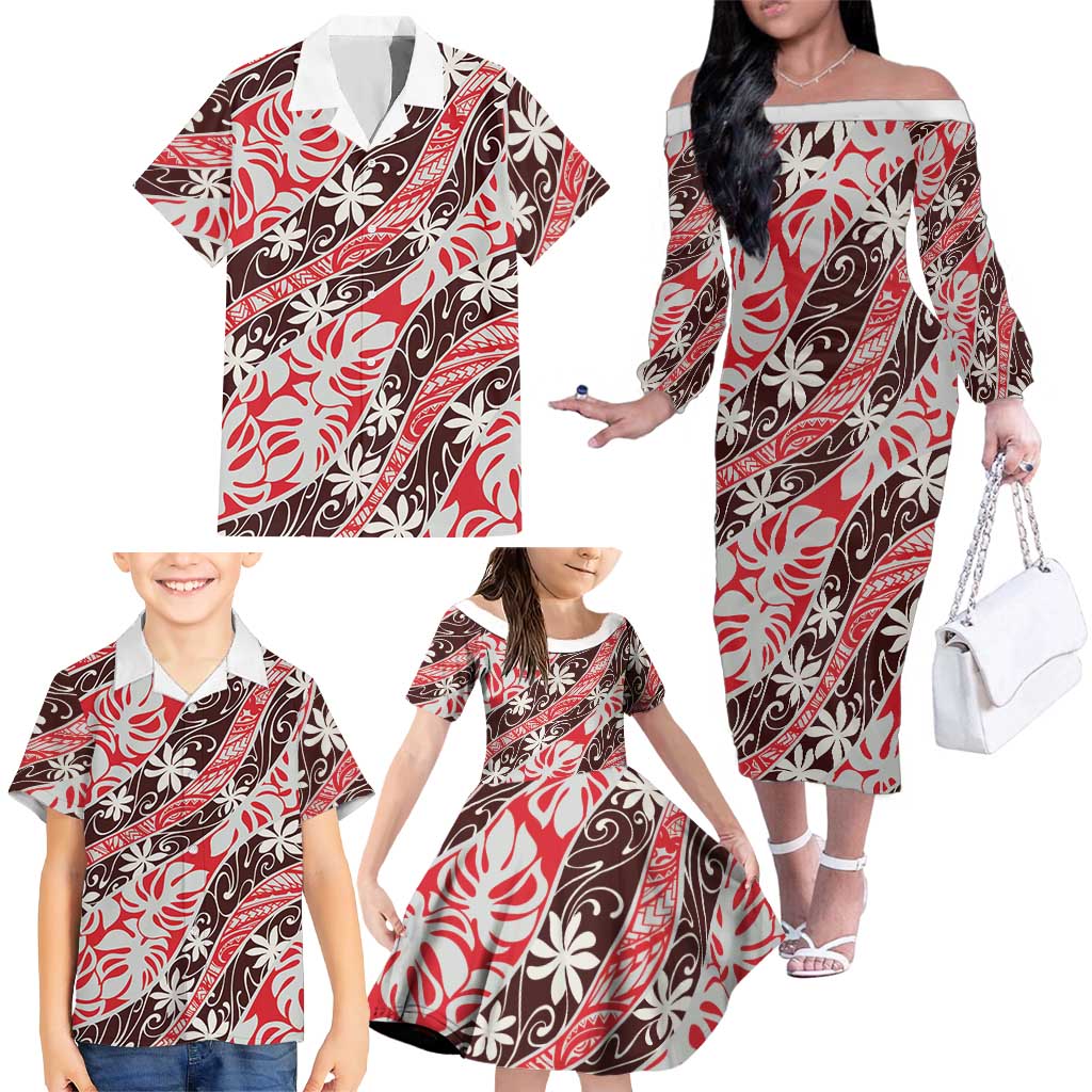 Uteute Tahiti Tiare Monstera Family Matching Off The Shoulder Long Sleeve Dress and Hawaiian Shirt Polynesian Pattern Curve Style LT01 - Polynesian Pride