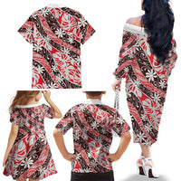 Uteute Tahiti Tiare Monstera Family Matching Off The Shoulder Long Sleeve Dress and Hawaiian Shirt Polynesian Pattern Curve Style LT01 - Polynesian Pride