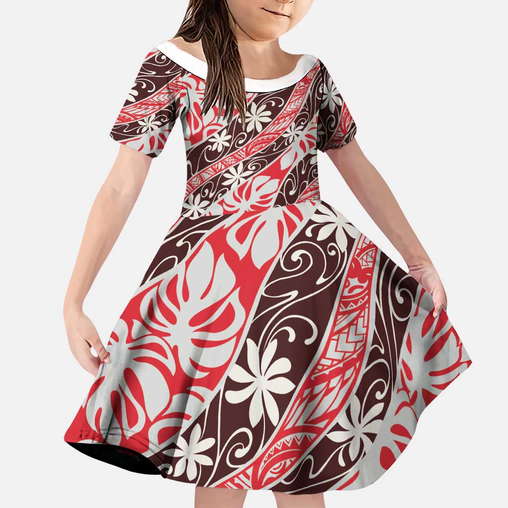 Uteute Tahiti Tiare Monstera Family Matching Off Shoulder Short Dress and Hawaiian Shirt Polynesian Pattern Curve Style LT01 Daughter's Dress Red - Polynesian Pride