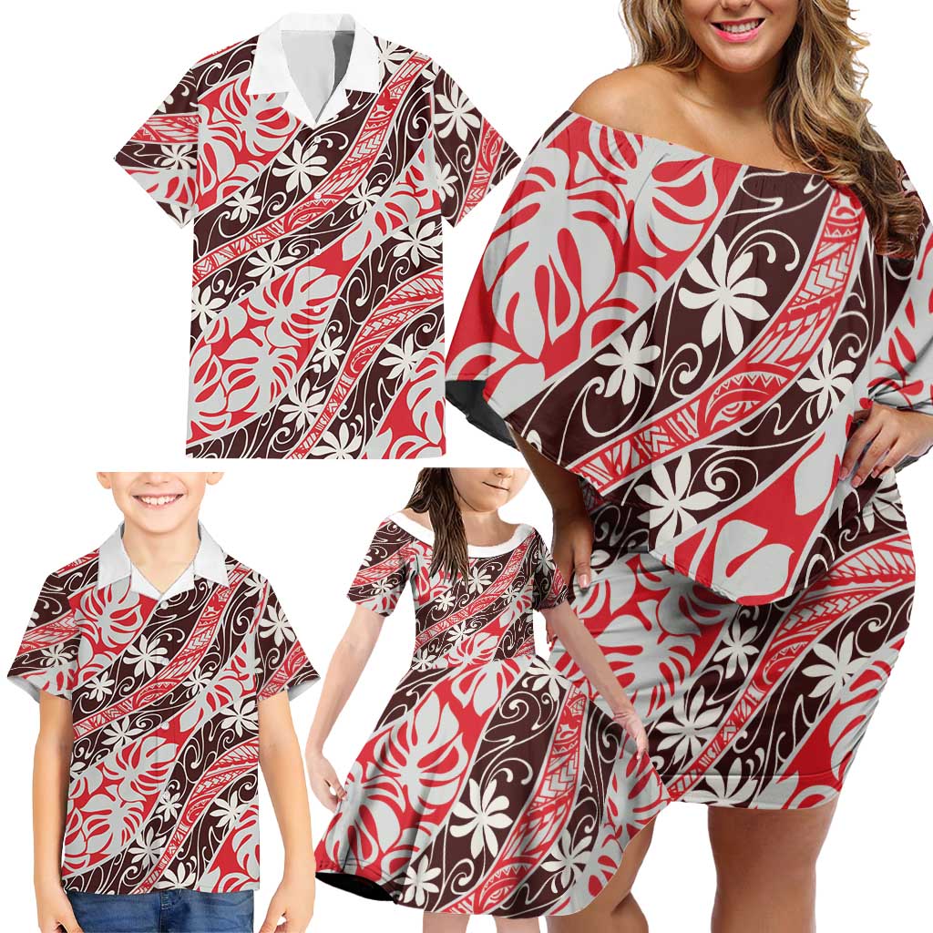 Uteute Tahiti Tiare Monstera Family Matching Off Shoulder Short Dress and Hawaiian Shirt Polynesian Pattern Curve Style LT01 - Polynesian Pride