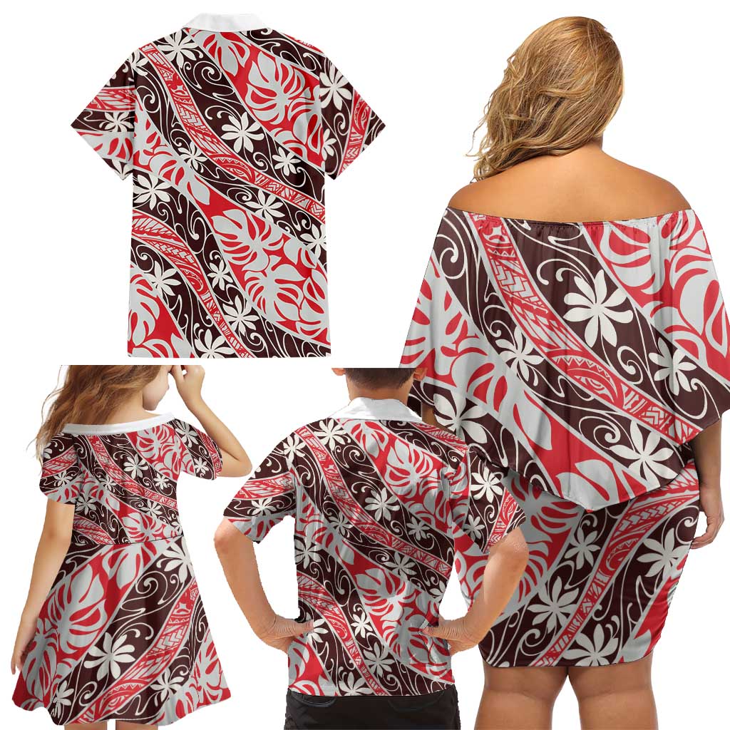 Uteute Tahiti Tiare Monstera Family Matching Off Shoulder Short Dress and Hawaiian Shirt Polynesian Pattern Curve Style LT01 - Polynesian Pride