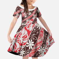 Uteute Tahiti Tiare Monstera Family Matching Short Sleeve Bodycon Dress and Hawaiian Shirt Polynesian Pattern Curve Style LT01 Daughter's Dress Red - Polynesian Pride