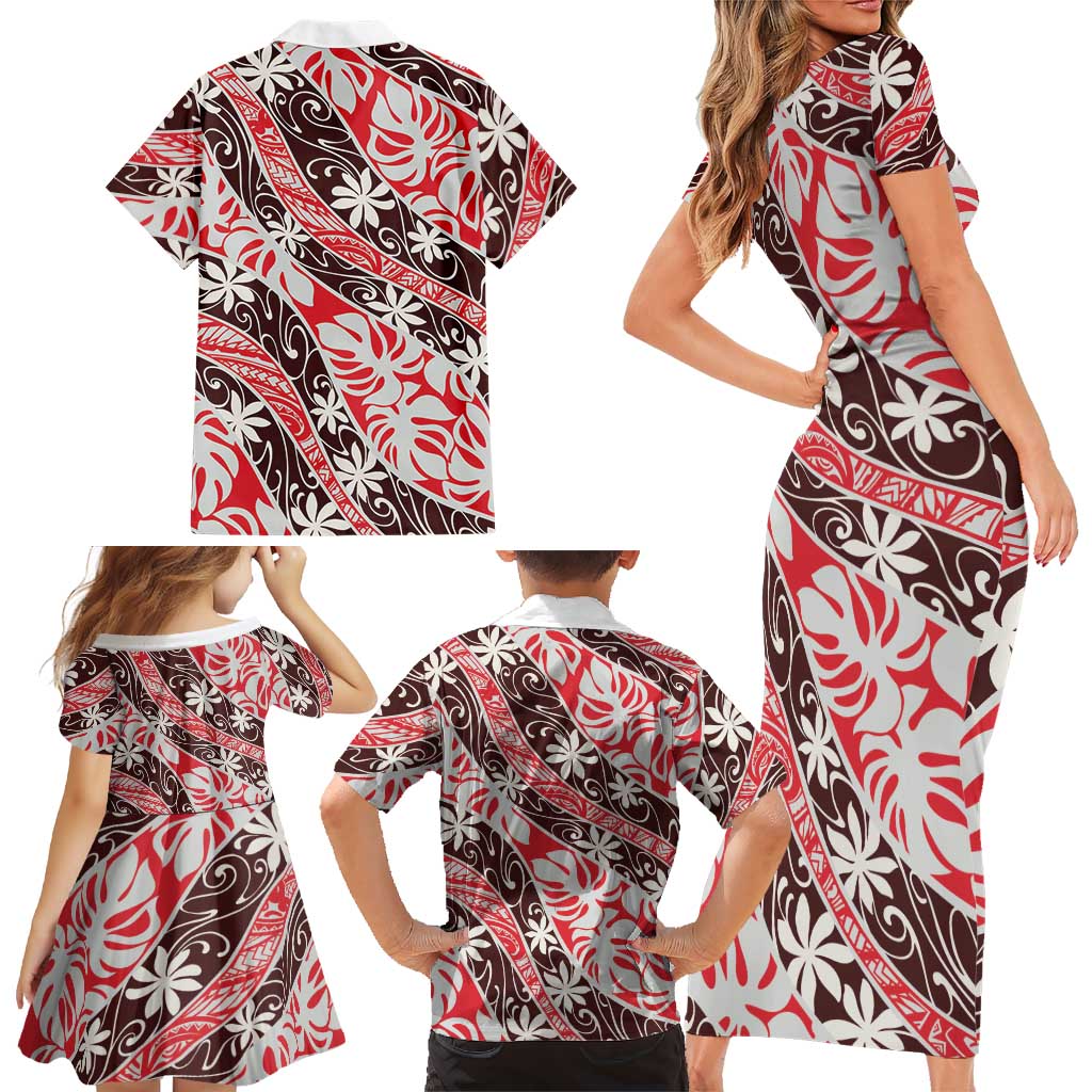 Uteute Tahiti Tiare Monstera Family Matching Short Sleeve Bodycon Dress and Hawaiian Shirt Polynesian Pattern Curve Style LT01 - Polynesian Pride