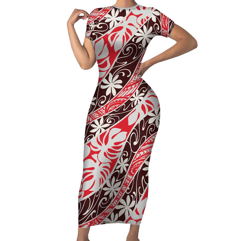 Uteute Tahiti Tiare Monstera Family Matching Short Sleeve Bodycon Dress and Hawaiian Shirt Polynesian Pattern Curve Style LT01 Mom's Dress Red - Polynesian Pride