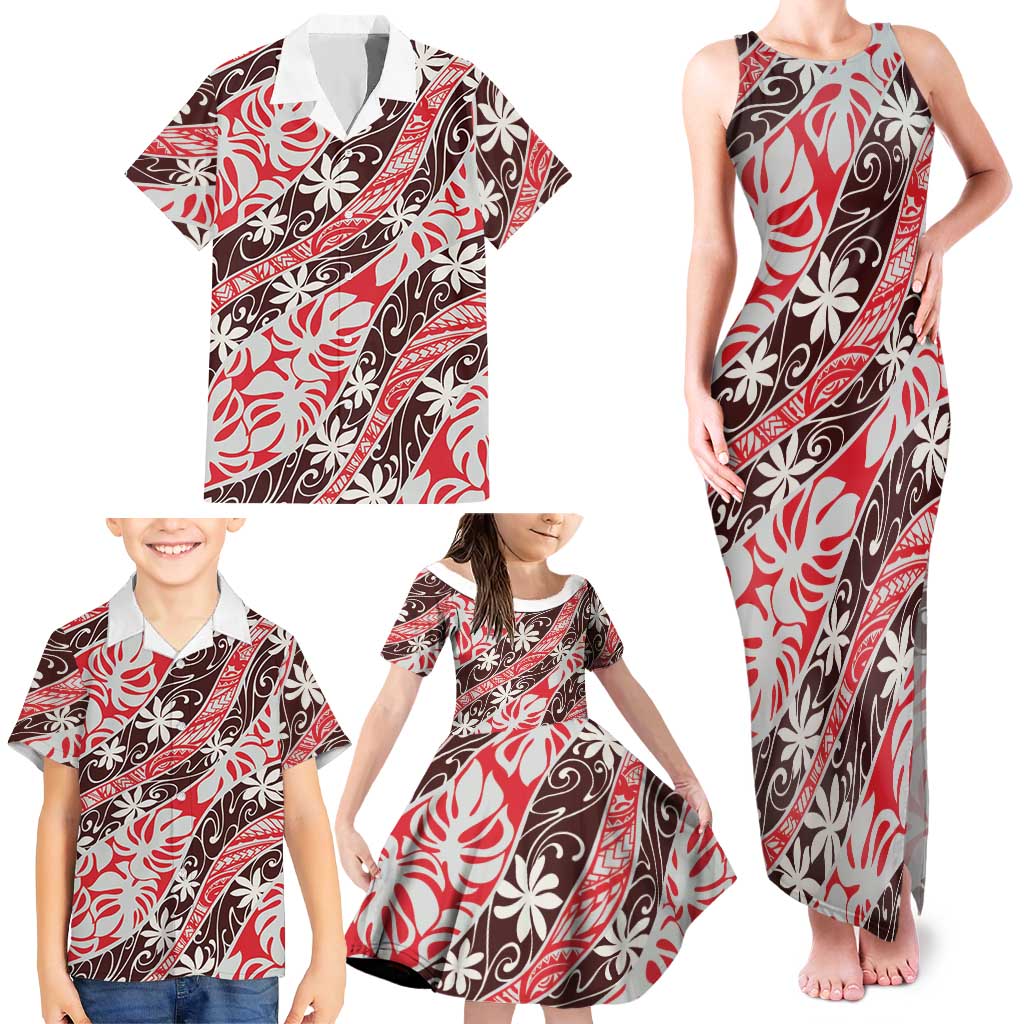 Uteute Tahiti Tiare Monstera Family Matching Tank Maxi Dress and Hawaiian Shirt Polynesian Pattern Curve Style - Polynesian Pride