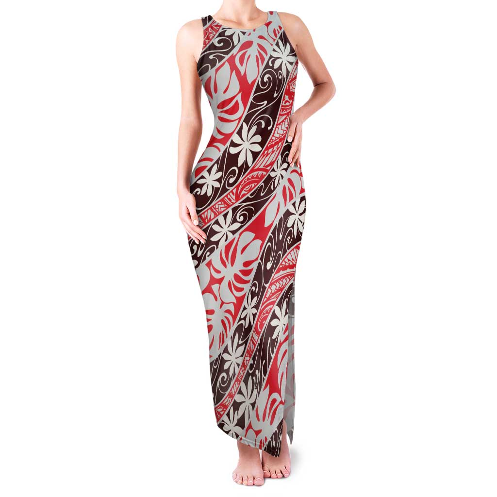 Uteute Tahiti Tiare Monstera Family Matching Tank Maxi Dress and Hawaiian Shirt Polynesian Pattern Curve Style LT01 Mom's Dress Red - Polynesian Pride