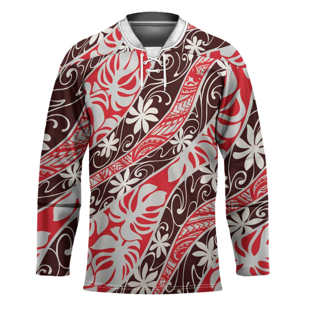 Uteute Tahiti Tiare Monstera Hockey Jersey Polynesian Pattern Curve Style - Polynesian Pride