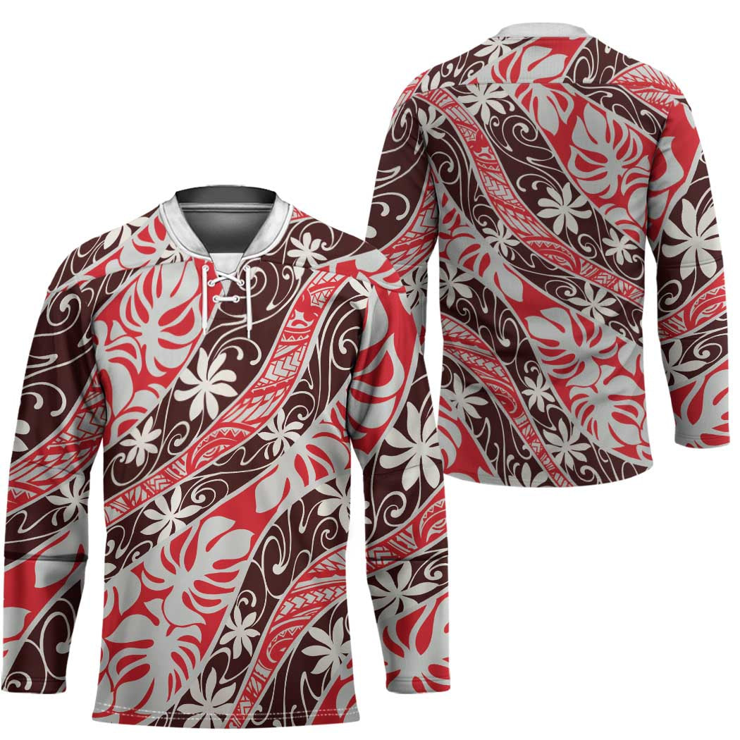 Uteute Tahiti Tiare Monstera Hockey Jersey Polynesian Pattern Curve Style - Polynesian Pride