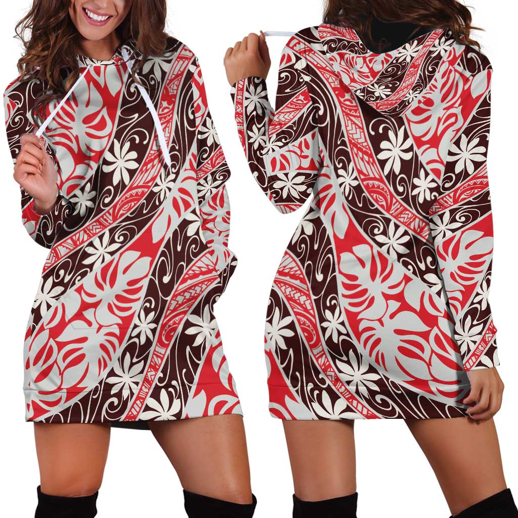 Uteute Tahiti Tiare Monstera Hoodie Dress Polynesian Pattern Curve Style LT01 - Polynesian Pride