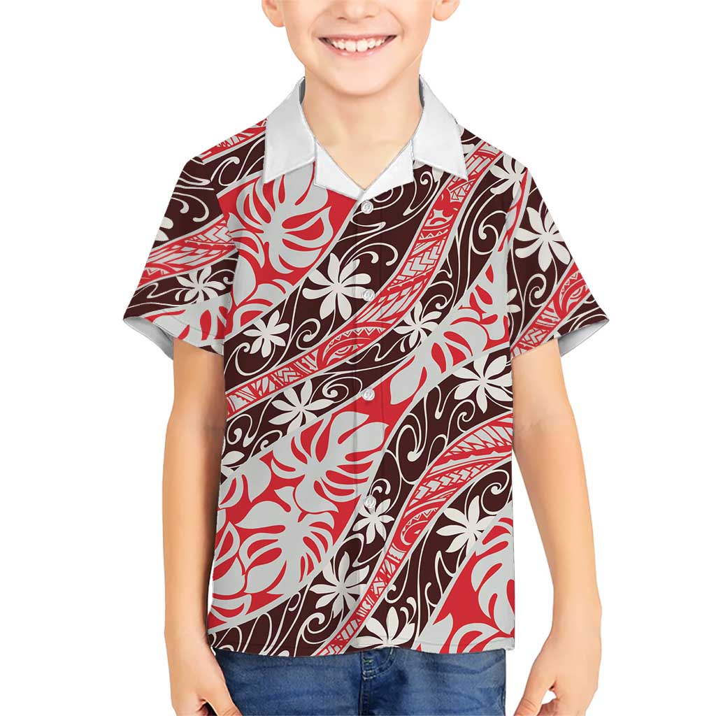 Uteute Tahiti Tiare Monstera Kid Hawaiian Shirt Polynesian Pattern Curve Style - Polynesian Pride