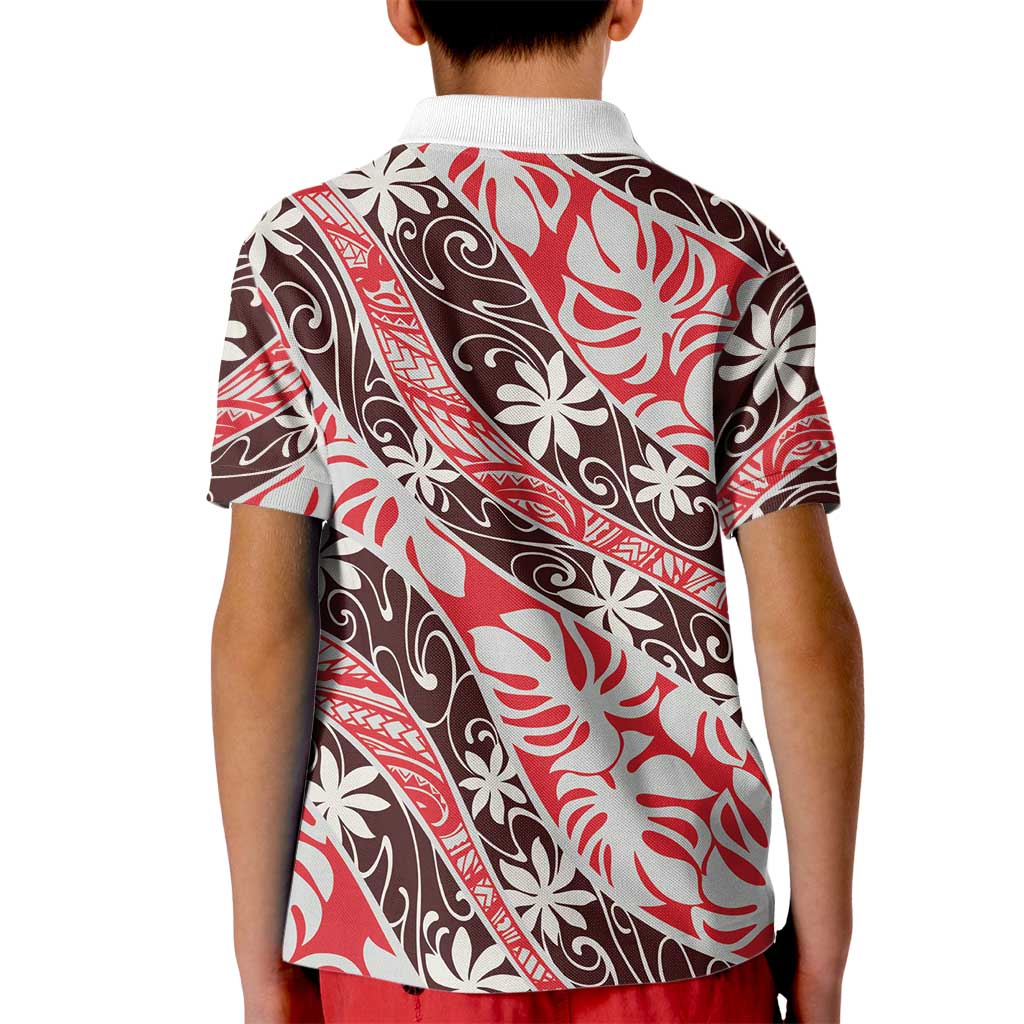 Uteute Tahiti Tiare Monstera Kid Polo Shirt Polynesian Pattern Curve Style - Polynesian Pride