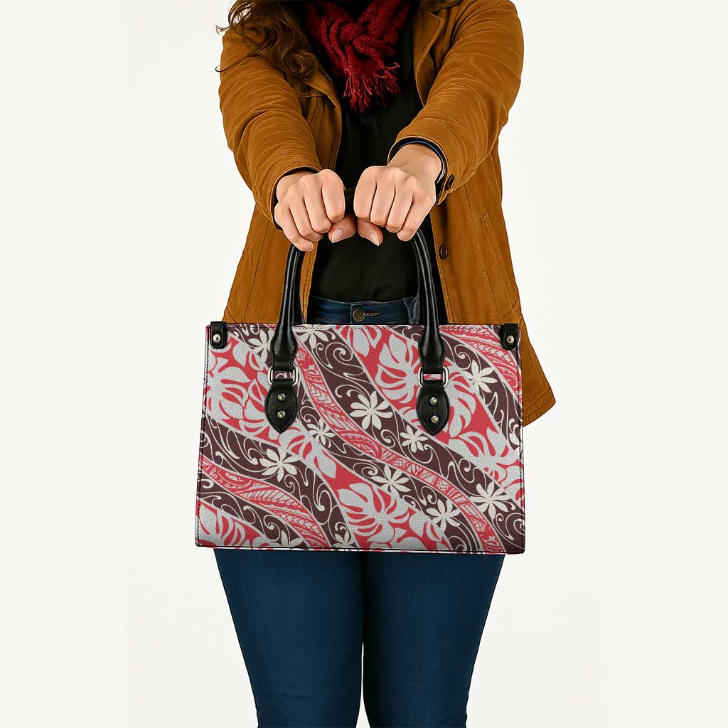 Uteute Tahiti Tiare Monstera Leather Bag Polynesian Pattern Curve Style - Polynesian Pride