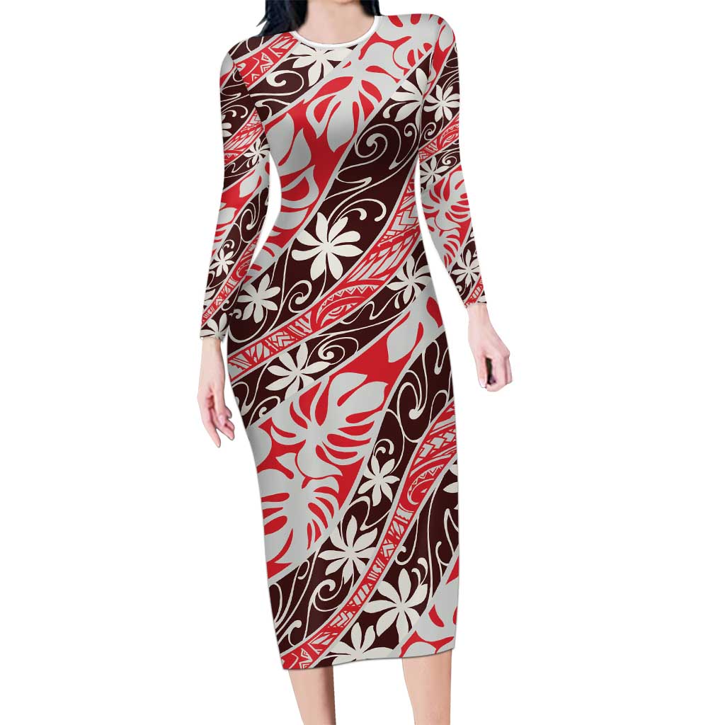 Uteute Tahiti Tiare Monstera Long Sleeve Bodycon Dress Polynesian Pattern Curve Style - Polynesian Pride