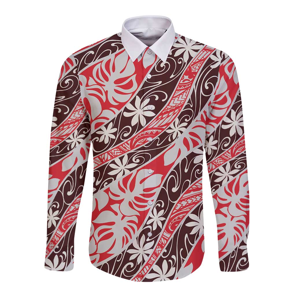 Uteute Tahiti Tiare Monstera Long Sleeve Button Shirt Polynesian Pattern Curve Style - Polynesian Pride