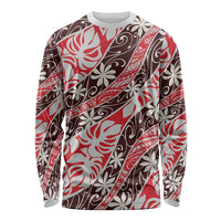 Uteute Tahiti Tiare Monstera Long Sleeve Shirt Polynesian Pattern Curve Style LT01 Unisex Red - Polynesian Pride