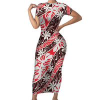 Uteute Tahiti Tiare Monstera Short Sleeve Bodycon Dress Polynesian Pattern Curve Style - Polynesian Pride