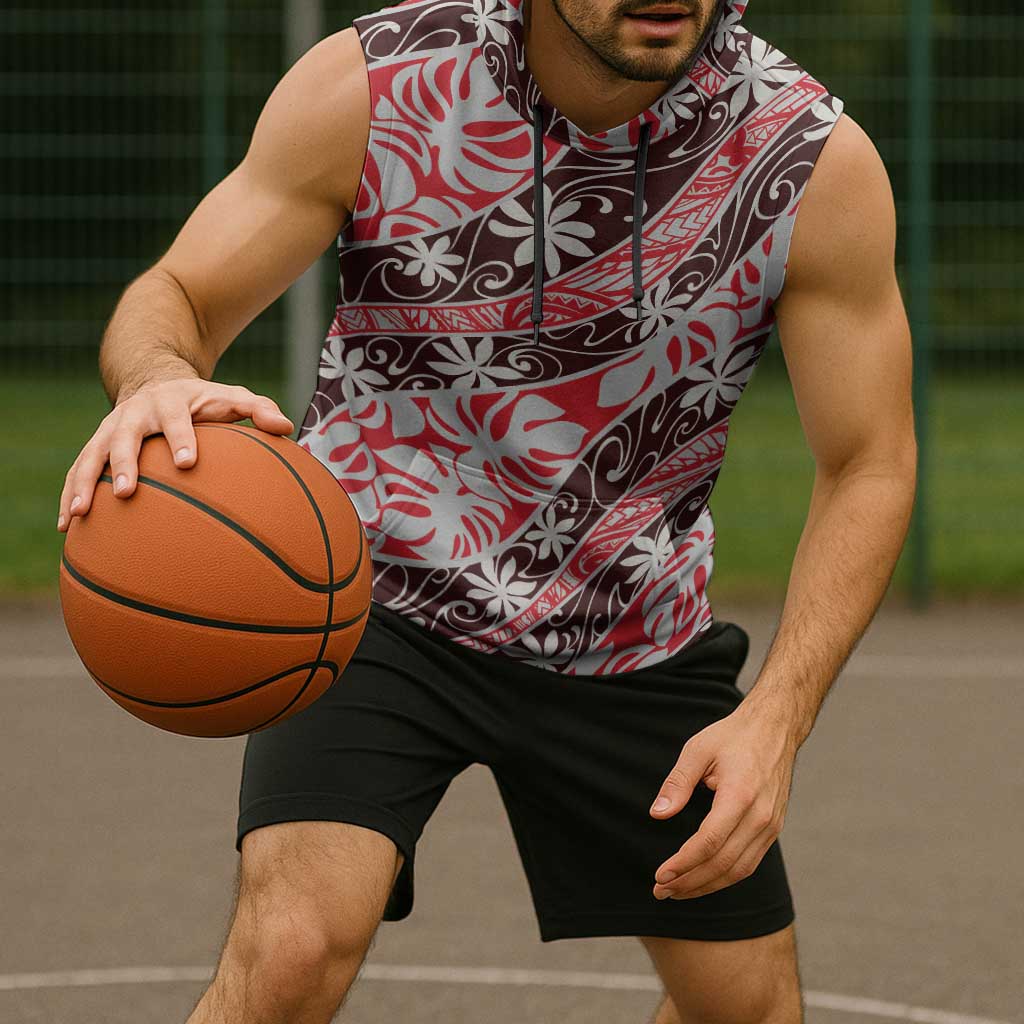 Uteute Tahiti Tiare Monstera Sleeveless Hoodie Polynesian Pattern Curve Style - Polynesian Pride