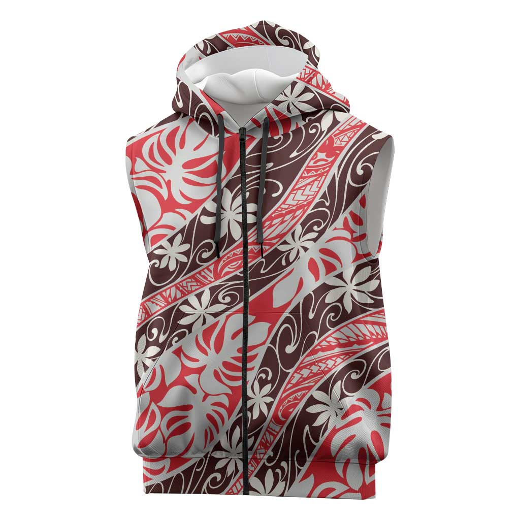 Uteute Tahiti Tiare Monstera Sleeveless Zip Hoodie Polynesian Pattern Curve Style - Polynesian Pride