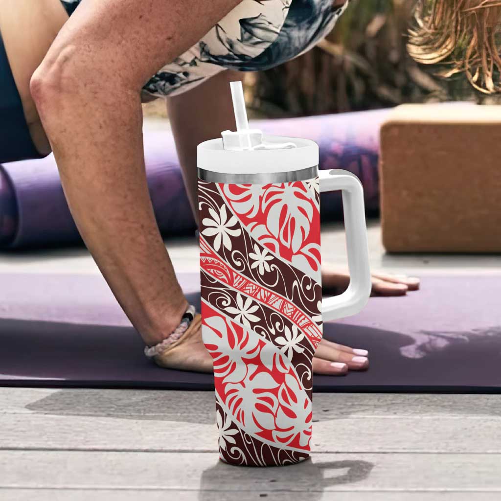 Uteute Tahiti Tiare Monstera Tumbler With Handle Polynesian Pattern Curve Style - Polynesian Pride