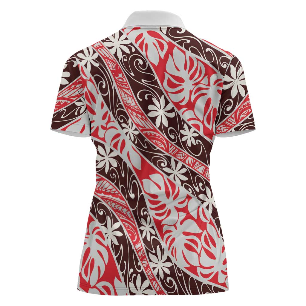 Uteute Tahiti Tiare Monstera Women Polo Shirt Polynesian Pattern Curve Style - Polynesian Pride