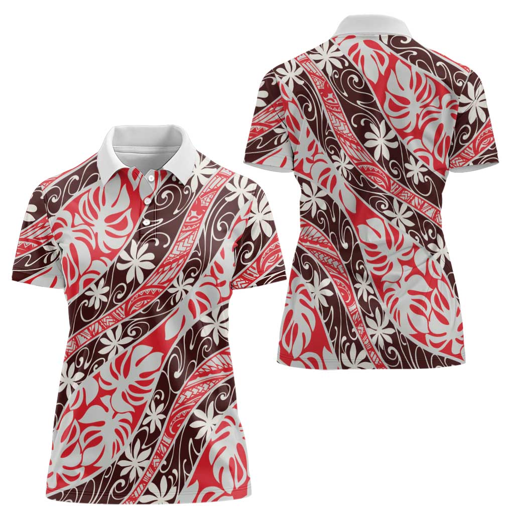 Uteute Tahiti Tiare Monstera Women Polo Shirt Polynesian Pattern Curve Style - Polynesian Pride