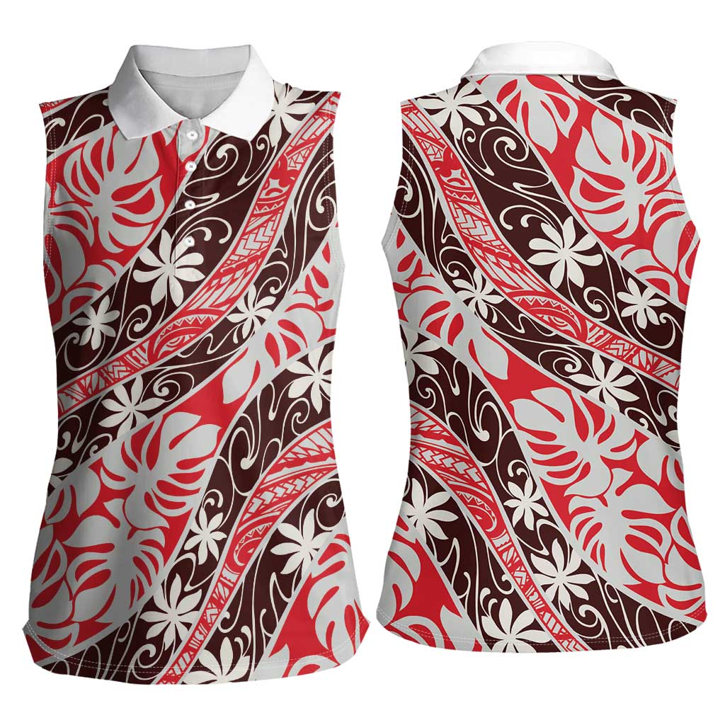 Uteute Tahiti Tiare Monstera Women Sleeveless Polo Shirt Polynesian Pattern Curve Style - Polynesian Pride