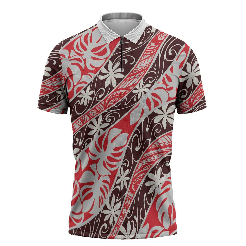 Uteute Tahiti Tiare Monstera Zipper Polo Shirt Polynesian Pattern Curve Style - Polynesian Pride