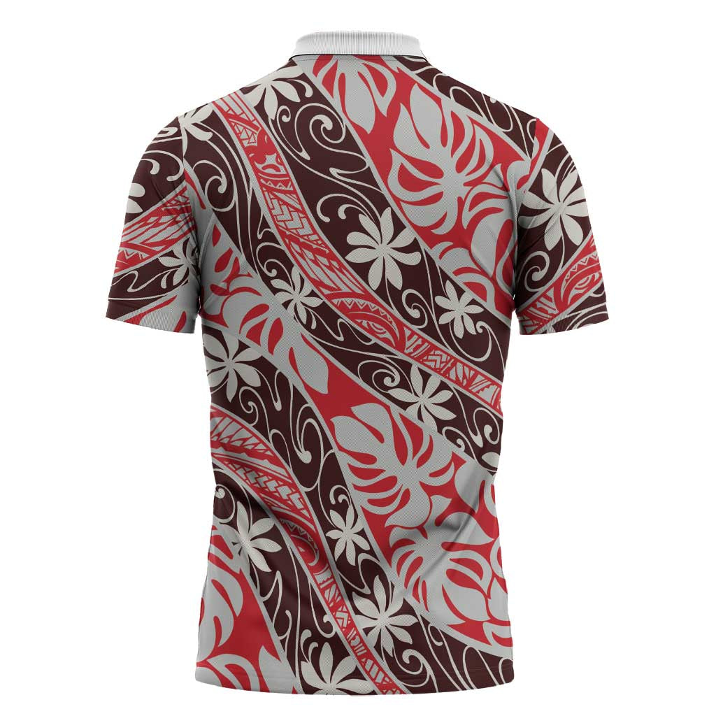 Uteute Tahiti Tiare Monstera Zipper Polo Shirt Polynesian Pattern Curve Style - Polynesian Pride