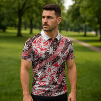 Uteute Tahiti Tiare Monstera Zipper Polo Shirt Polynesian Pattern Curve Style - Polynesian Pride
