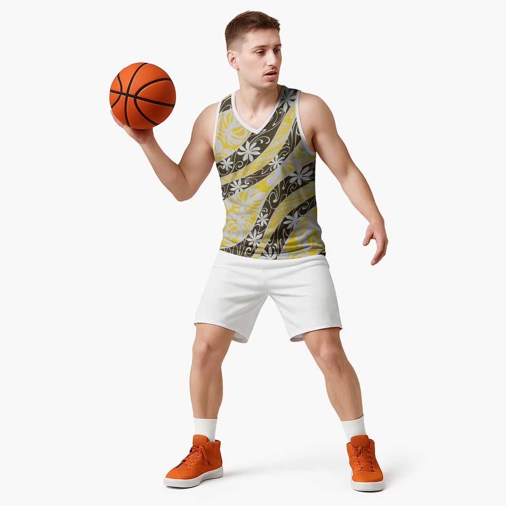 Rearea Tahiti Tiare Monstera Basketball Jersey Polynesian Pattern Curve Style - Polynesian Pride