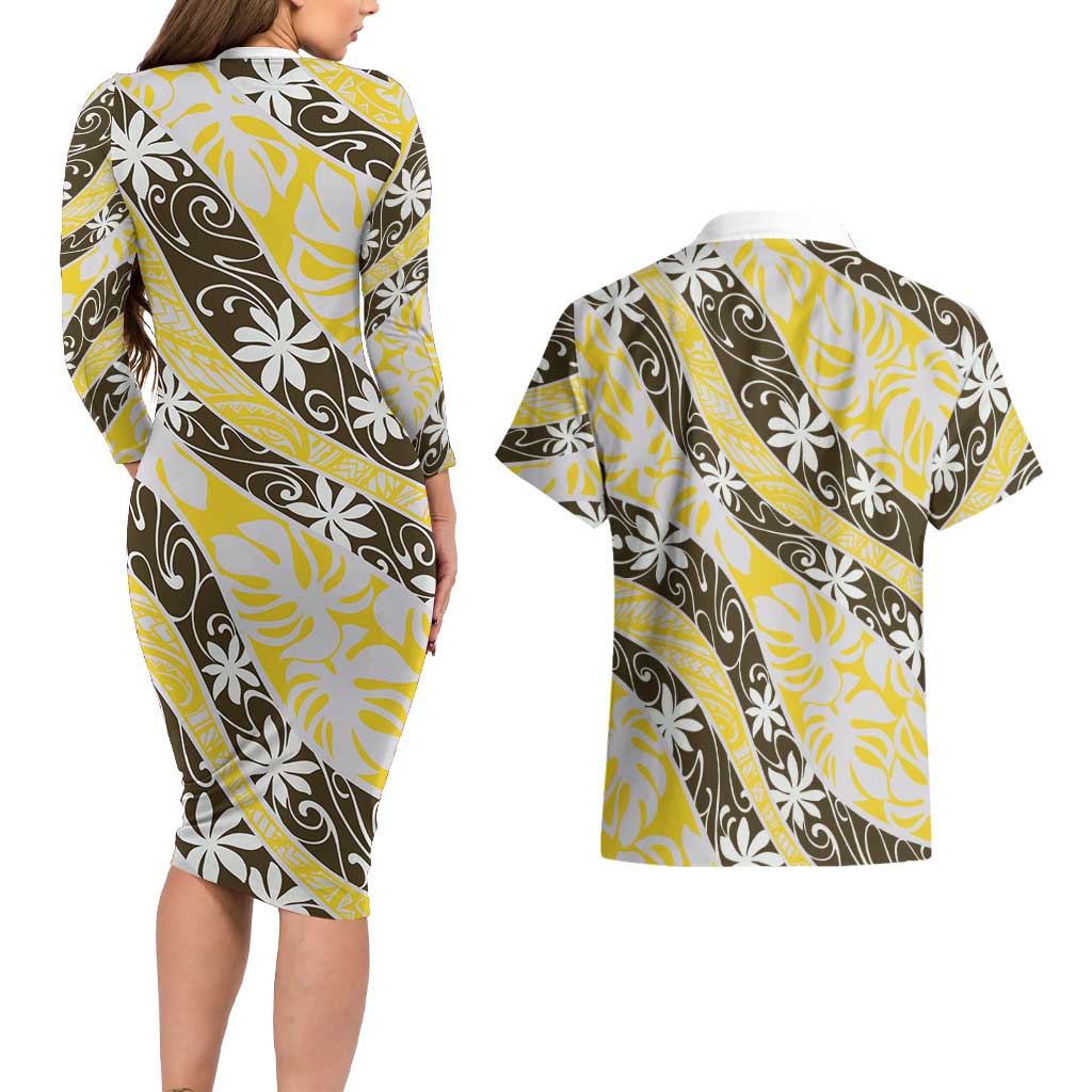 Rearea Tahiti Tiare Monstera Couples Matching Long Sleeve Bodycon Dress and Hawaiian Shirt Polynesian Pattern Curve Style - Polynesian Pride