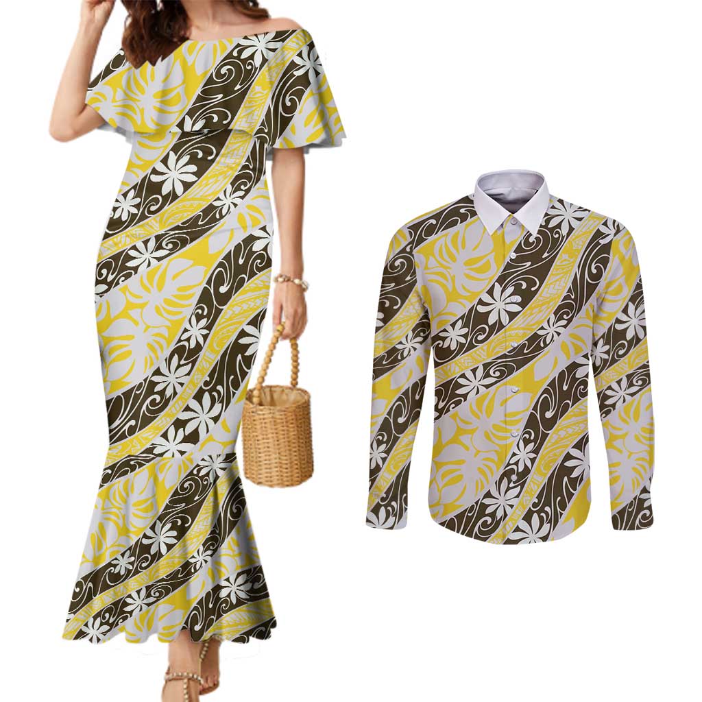 Rearea Tahiti Tiare Monstera Couples Matching Mermaid Dress and Long Sleeve Button Shirt Polynesian Pattern Curve Style - Polynesian Pride