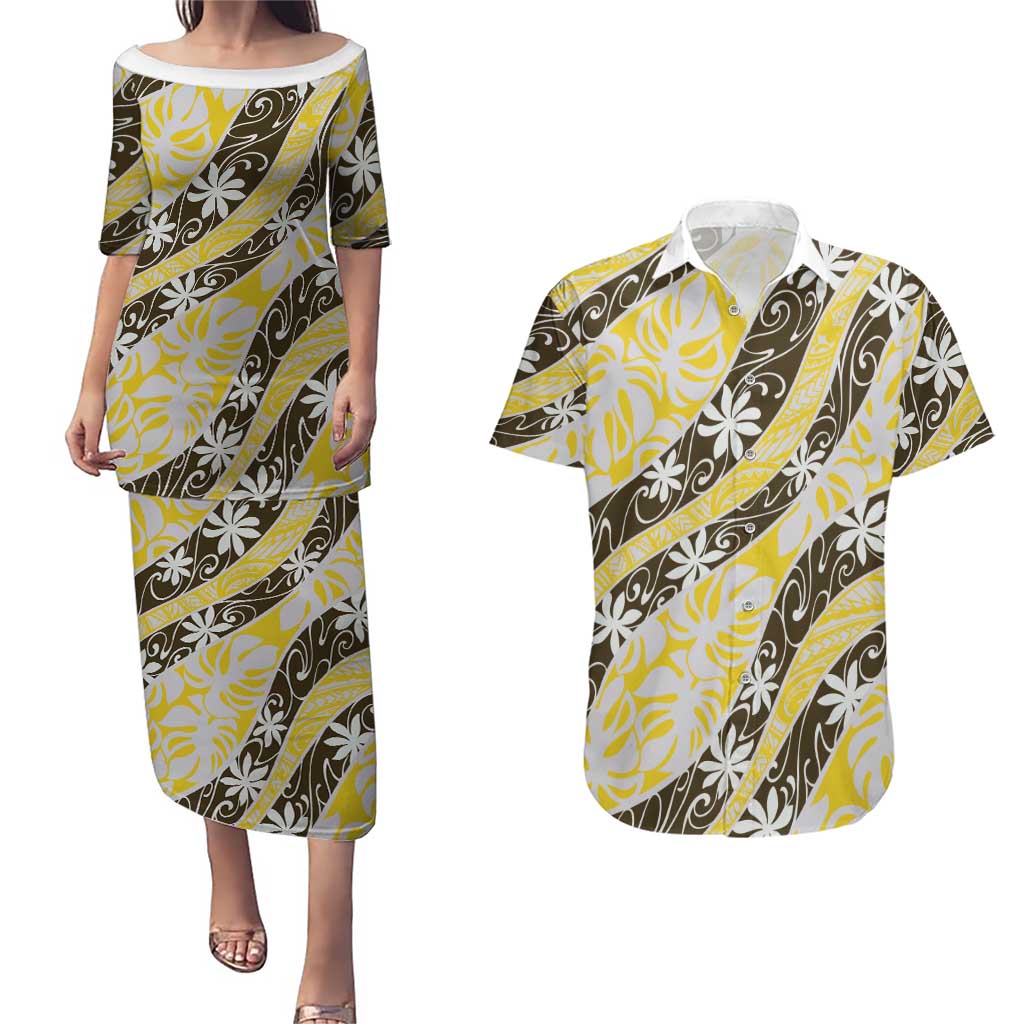 Rearea Tahiti Tiare Monstera Couples Matching Puletasi and Hawaiian Shirt Polynesian Pattern Curve Style - Polynesian Pride