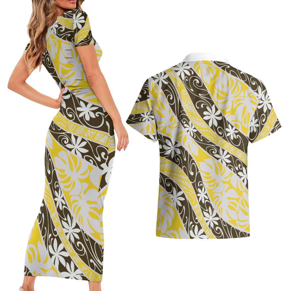 Rearea Tahiti Tiare Monstera Couples Matching Short Sleeve Bodycon Dress and Hawaiian Shirt Polynesian Pattern Curve Style - Polynesian Pride
