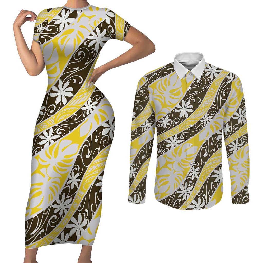 Rearea Tahiti Tiare Monstera Couples Matching Short Sleeve Bodycon Dress and Long Sleeve Button Shirt Polynesian Pattern Curve Style - Polynesian Pride