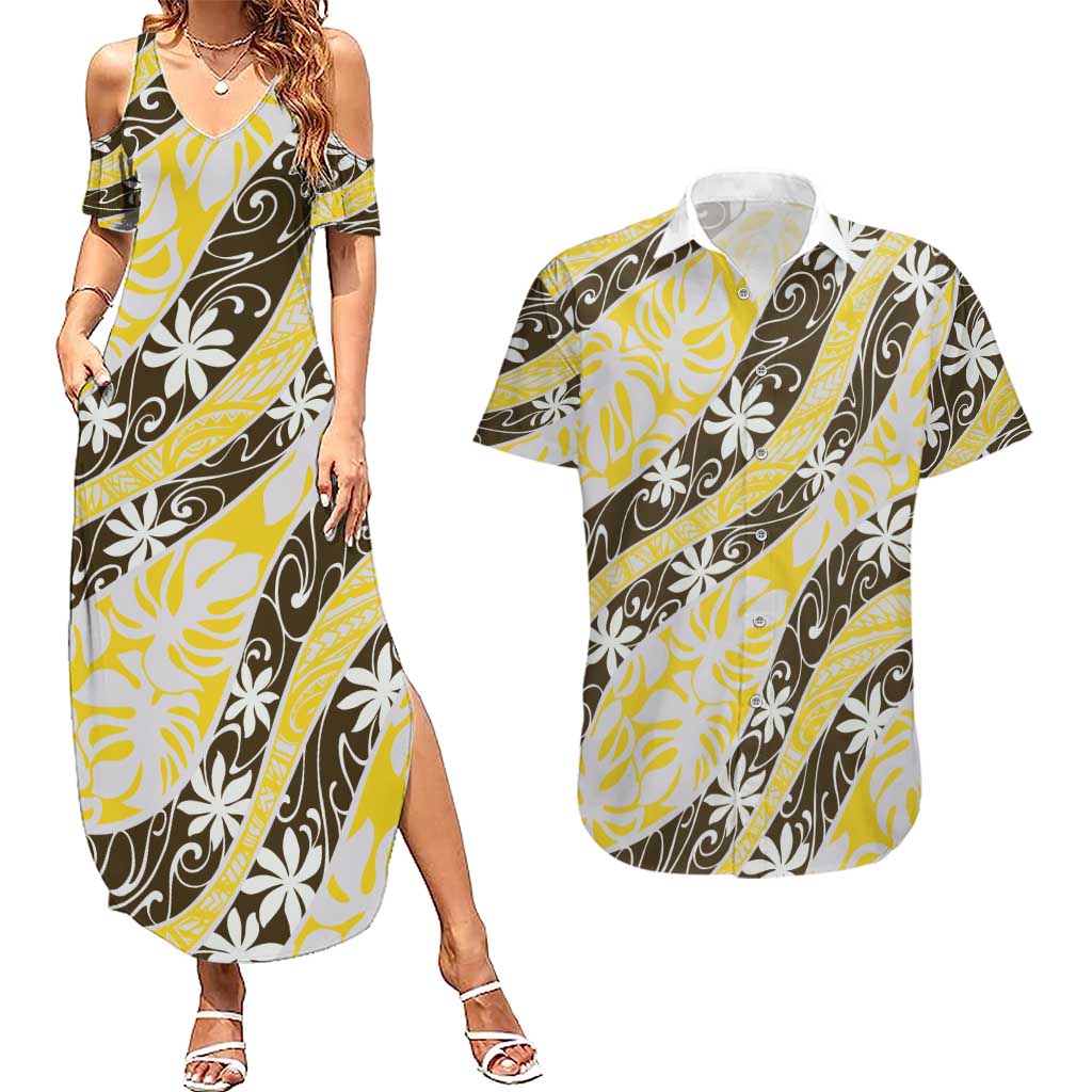 Rearea Tahiti Tiare Monstera Couples Matching Summer Maxi Dress and Hawaiian Shirt Polynesian Pattern Curve Style - Polynesian Pride