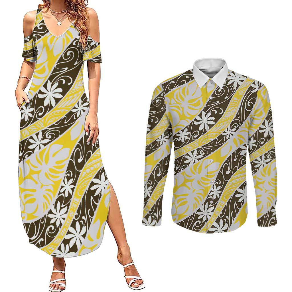 Rearea Tahiti Tiare Monstera Couples Matching Summer Maxi Dress and Long Sleeve Button Shirt Polynesian Pattern Curve Style - Polynesian Pride