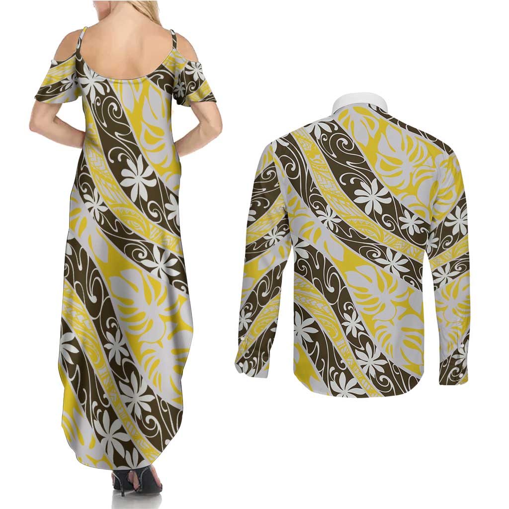 Rearea Tahiti Tiare Monstera Couples Matching Summer Maxi Dress and Long Sleeve Button Shirt Polynesian Pattern Curve Style - Polynesian Pride