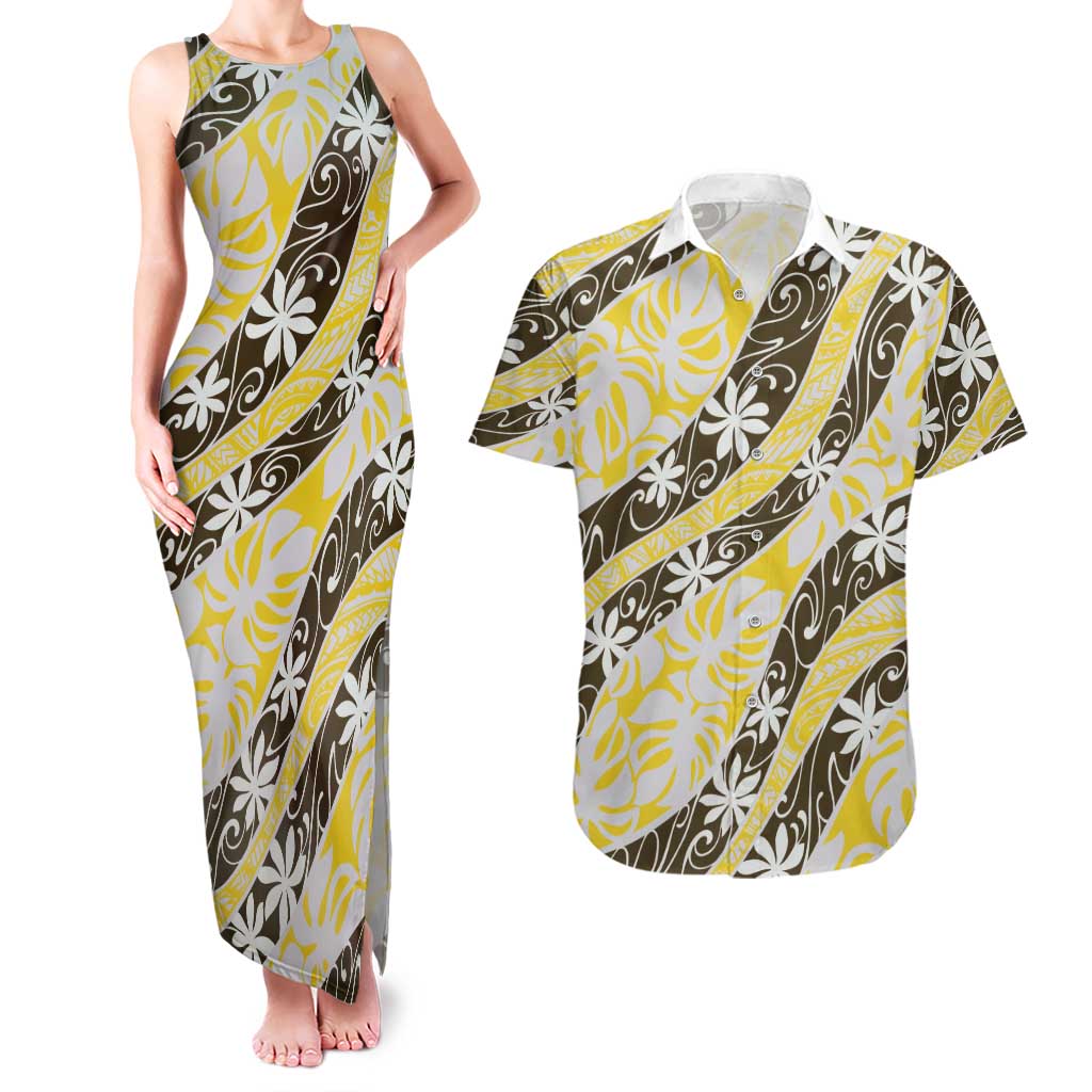 Rearea Tahiti Tiare Monstera Couples Matching Tank Maxi Dress and Hawaiian Shirt Polynesian Pattern Curve Style - Polynesian Pride