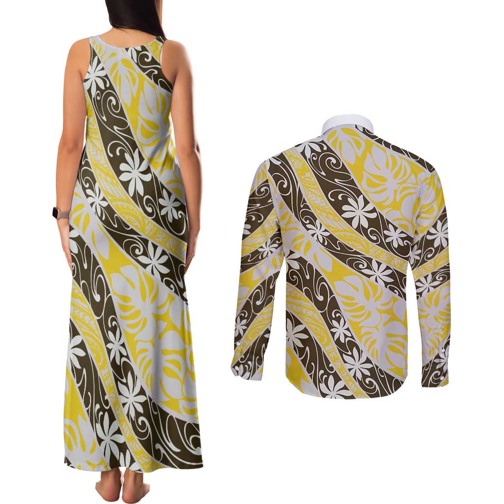 Rearea Tahiti Tiare Monstera Couples Matching Tank Maxi Dress and Long Sleeve Button Shirt Polynesian Pattern Curve Style - Polynesian Pride