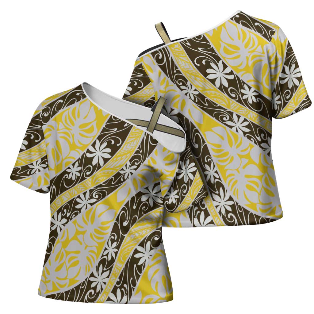 Rearea Tahiti Tiare Monstera Cross Shoulder Shirt Polynesian Pattern Curve Style - Polynesian Pride