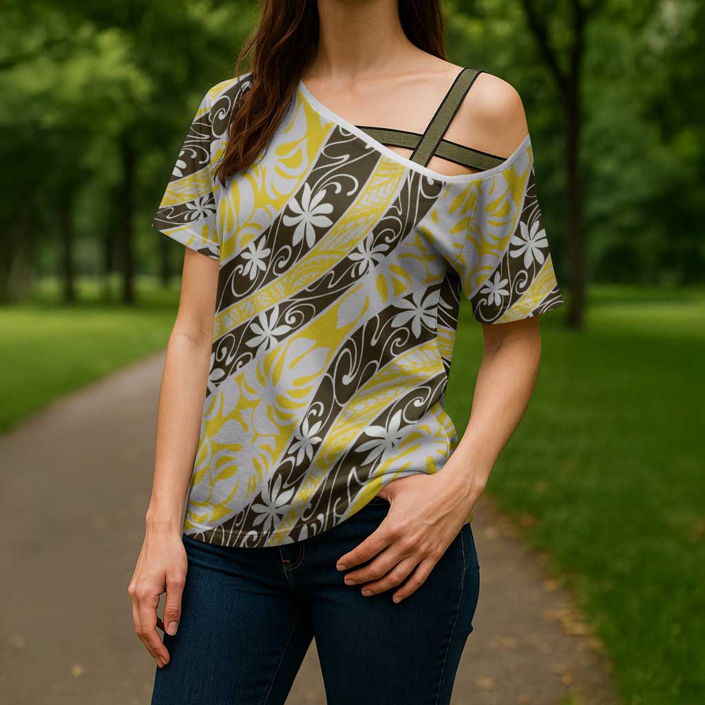 Rearea Tahiti Tiare Monstera Cross Shoulder Shirt Polynesian Pattern Curve Style - Polynesian Pride