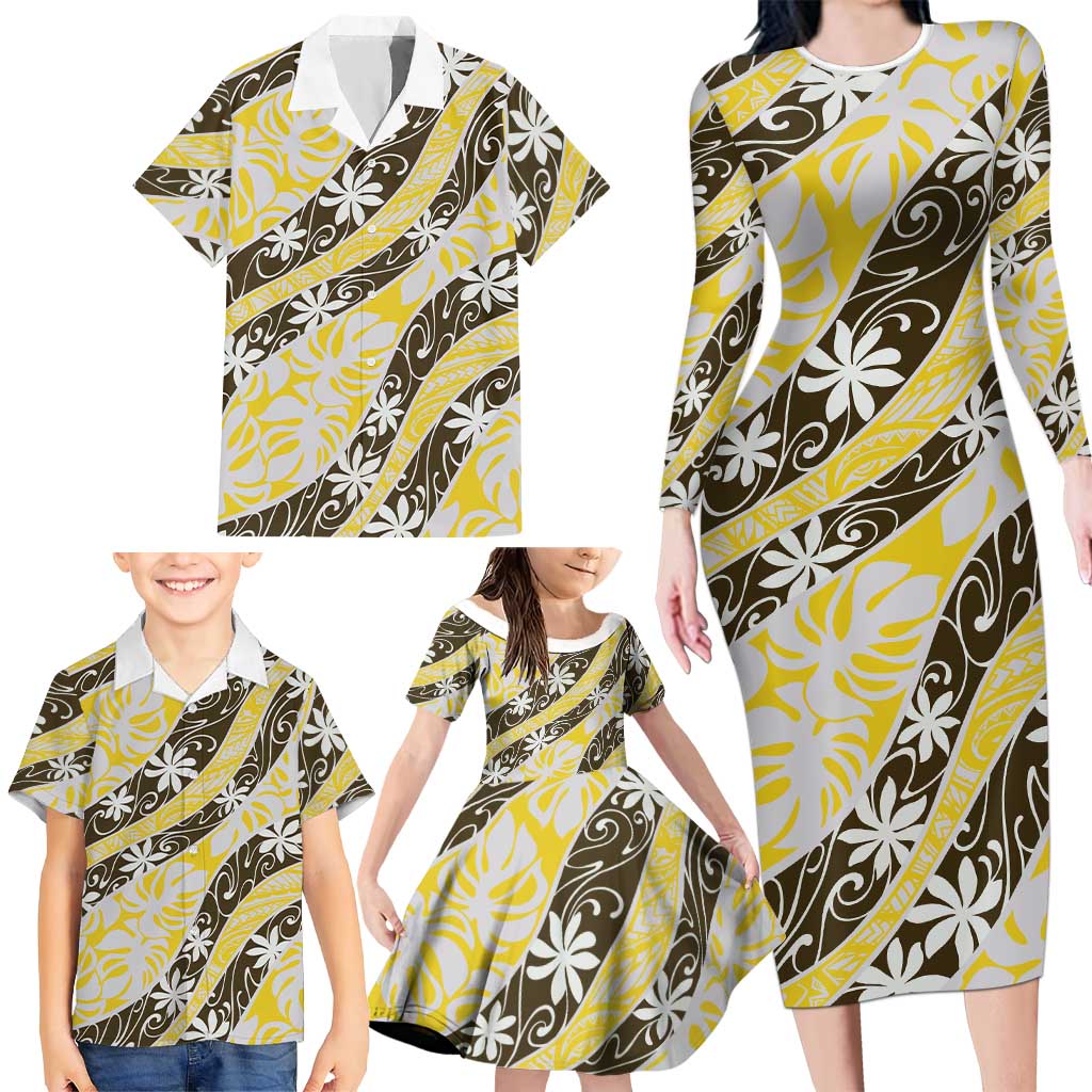 Rearea Tahiti Tiare Monstera Family Matching Long Sleeve Bodycon Dress and Hawaiian Shirt Polynesian Pattern Curve Style - Polynesian Pride